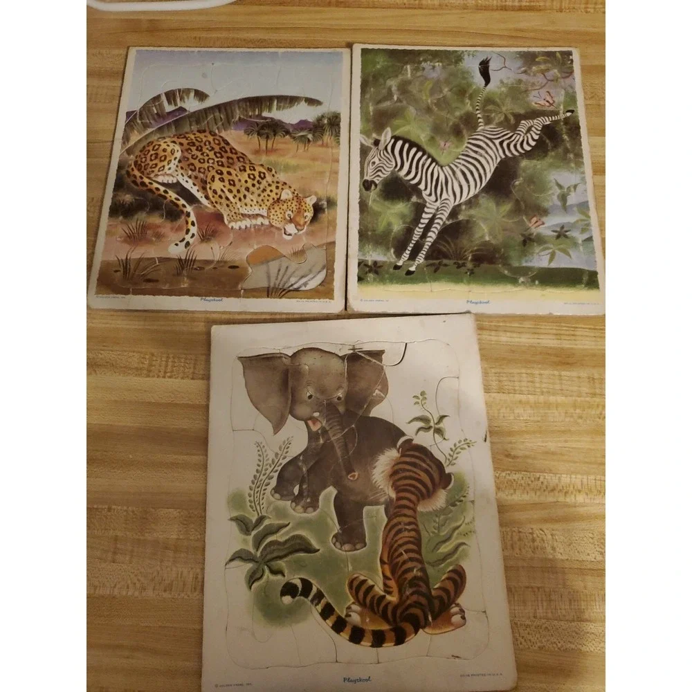 Vintage Playskool Wood Puzzles Set 3 Jungle Animals Leopard Zebra Elephant Tiger